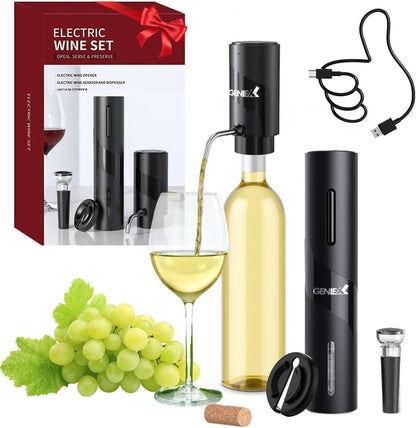 Electric Wine Set 4 | Automatic Wine Opener Dispenser Gift Set - Electric Corkscrew Opener & Auto Wine Dispenser | Ideal Housewarming Gifts and Presents for Fathers
