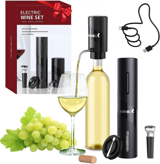 Electric Wine Set 4 | Automatic Wine Opener Dispenser Gift Set - Electric Corkscrew Opener & Auto Wine Dispenser | Ideal Housewarming Gifts and Presents for Fathers