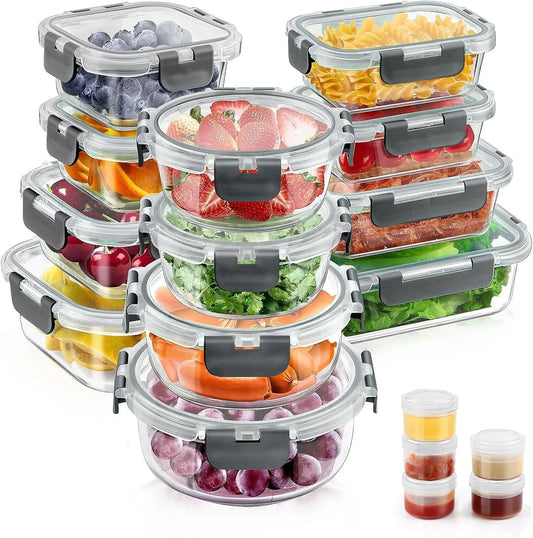 34-Piece Glass Food Storage Containers Set with Lids, Airtight Meal Prep Containers (17 Containers & 17 Lids)