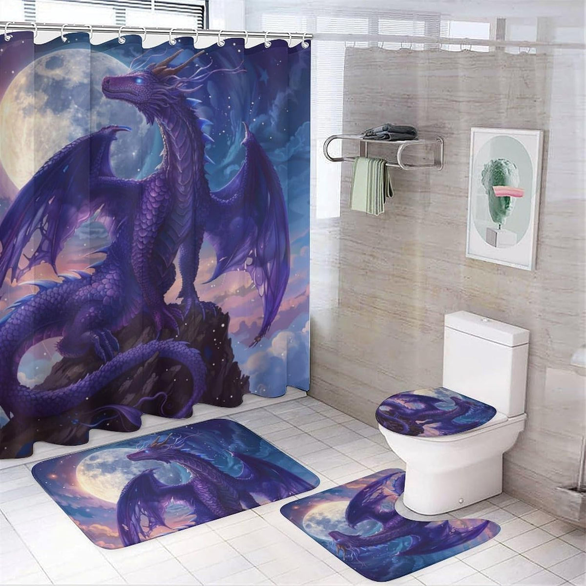 4 Piece Watercolor Dragon Shower Curtain Set with Rugs, Majestic Animal Mountain Moon Include Bathroom Non-Slip Floor Mat, U-Shaped Bath Rug and Toilet Cover Lid with 12 Hooks