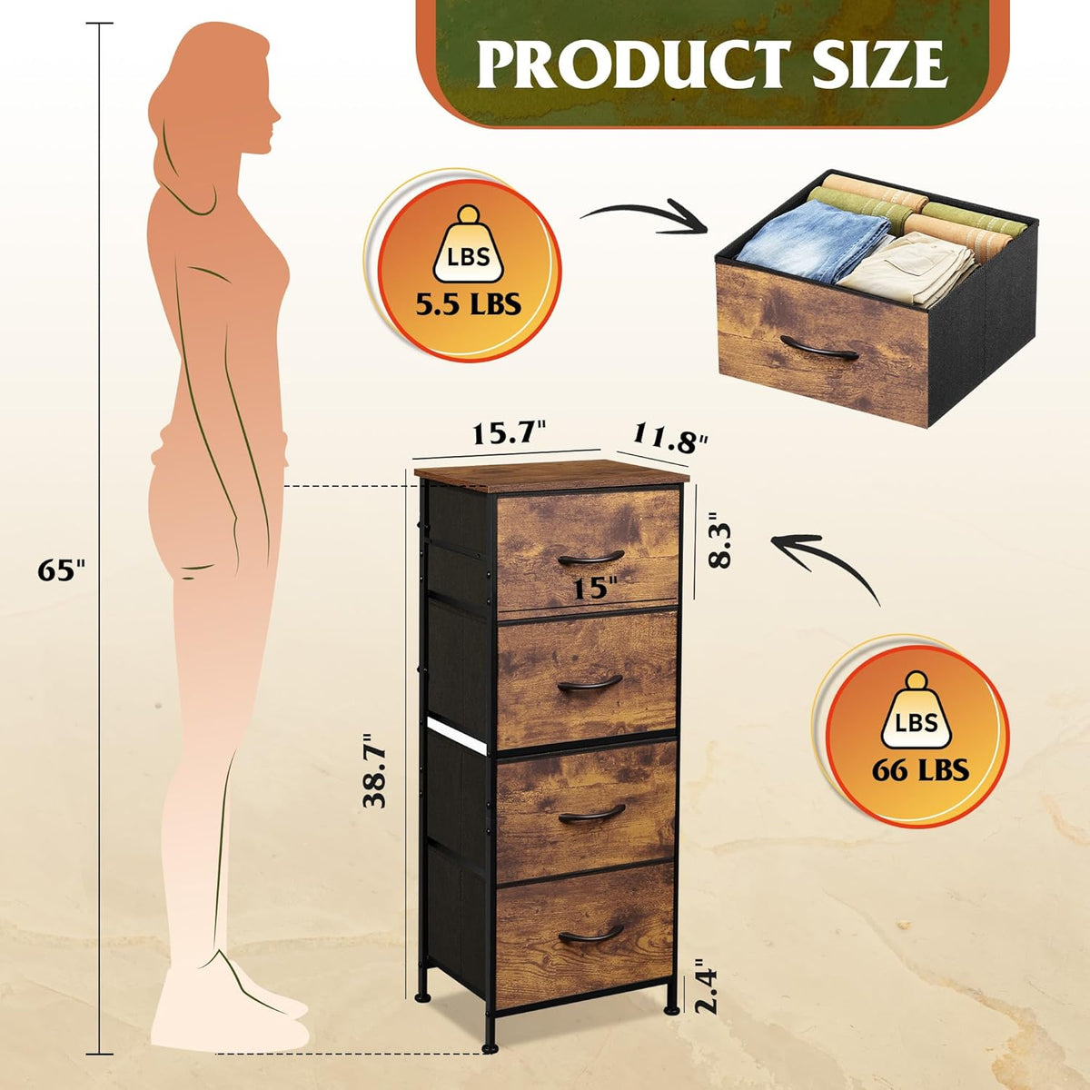 4 Drawer Dresser and 7 Drawer Dresser Set, Dresser for Bedroom, Closet, Hallway, Storage Dresser Organizer Unit, Dressers & Chests of Drawers with Fabric Bins, Rustic Brown Wood Grain Print