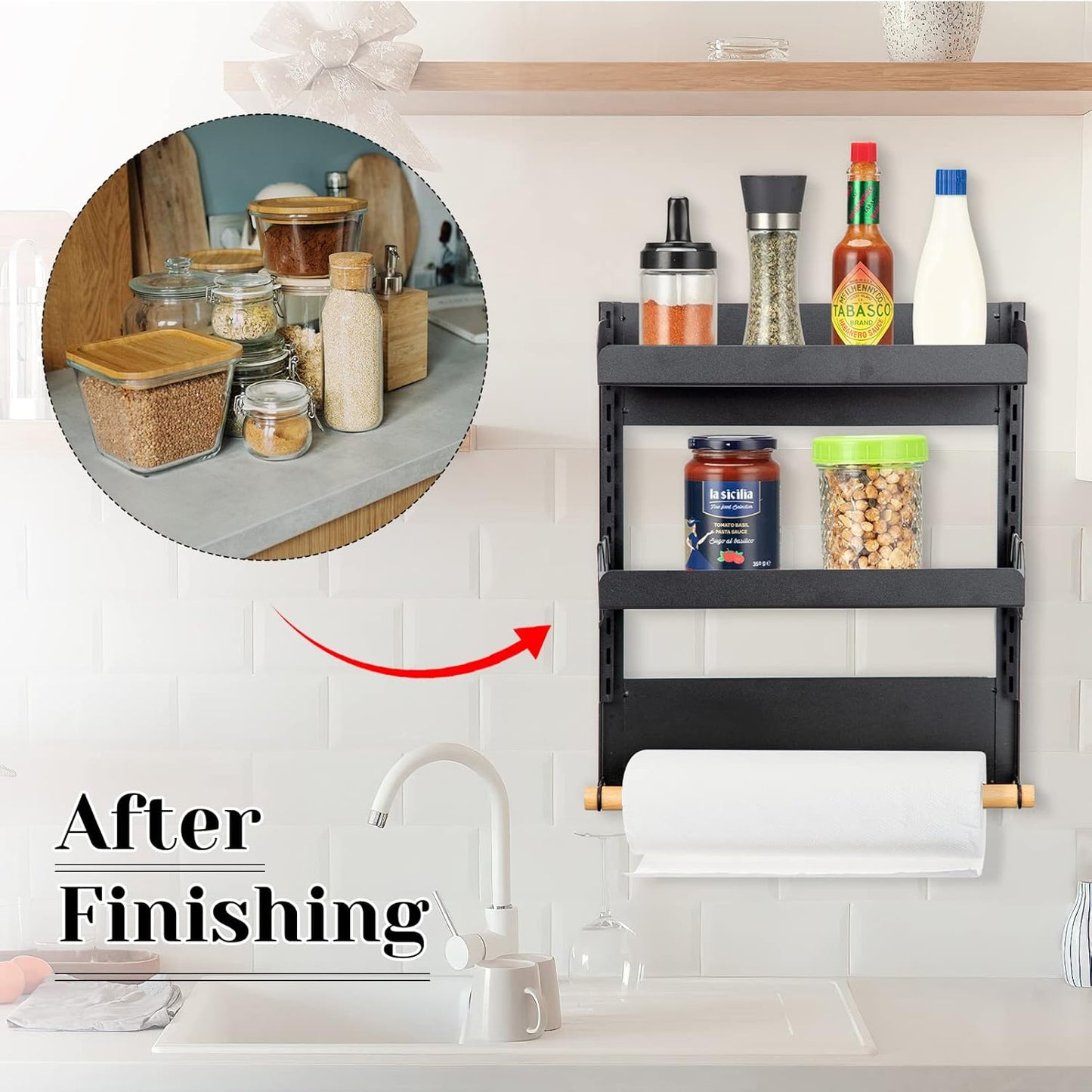 2 Tier Magnetic Spice Organizer with Paper Towel Holder for Kitchen Storage