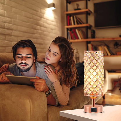 Crystal Table Lamp - 3-Way Dimmable Touch Control,  with USB Charging & AC Outlets