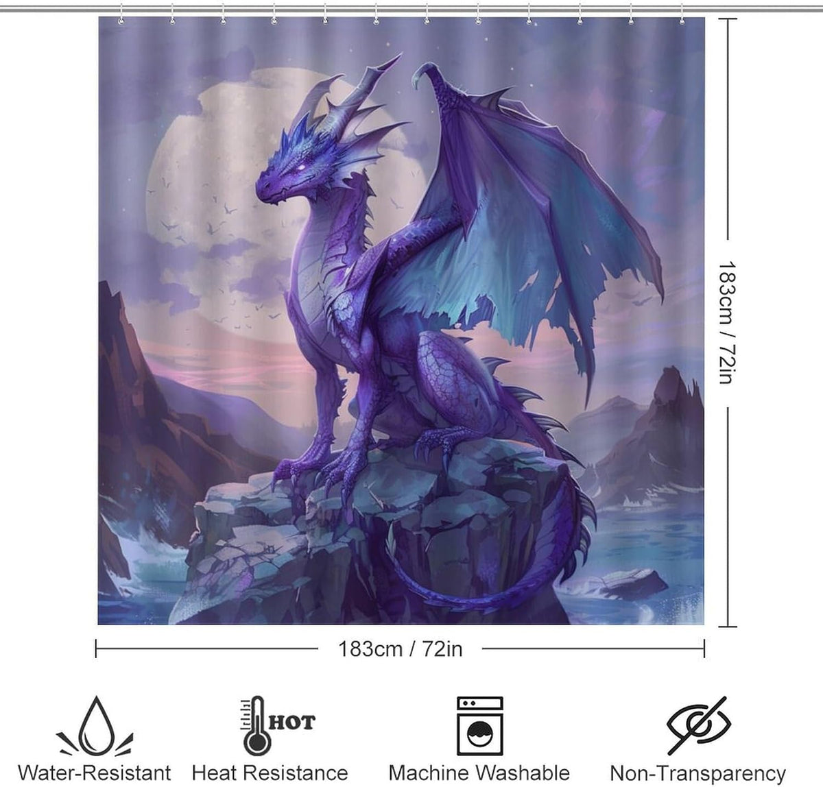 4 Piece Watercolor Dragon Shower Curtain Set with Rugs, Majestic Animal Mountain Moon Include Bathroom Non-Slip Floor Mat, U-Shaped Bath Rug and Toilet Cover Lid with 12 Hooks
