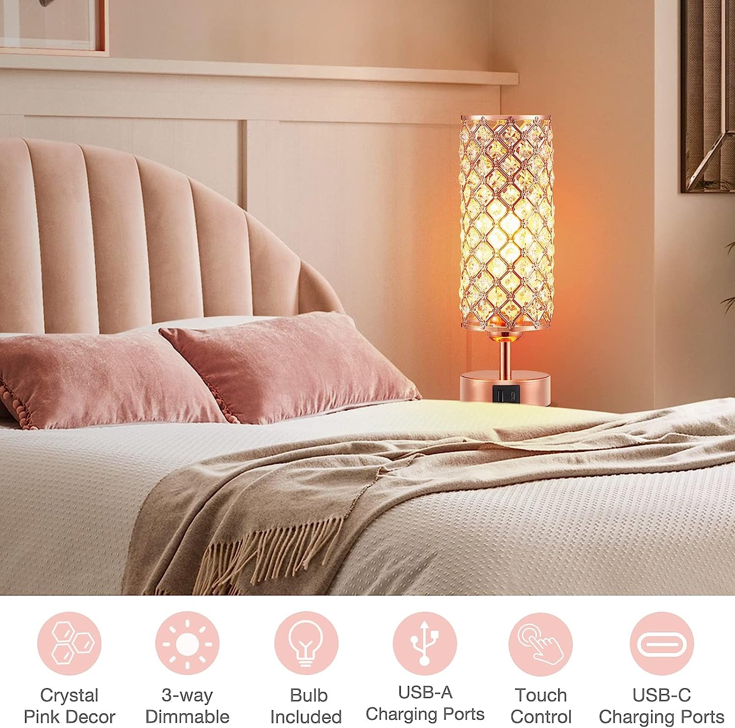 Crystal Table Lamp - 3-Way Dimmable Touch Control,  with USB Charging & AC Outlets