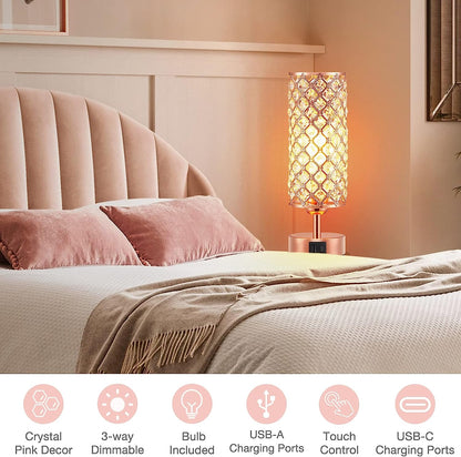 Crystal Table Lamp - 3-Way Dimmable Touch Control,  with USB Charging & AC Outlets