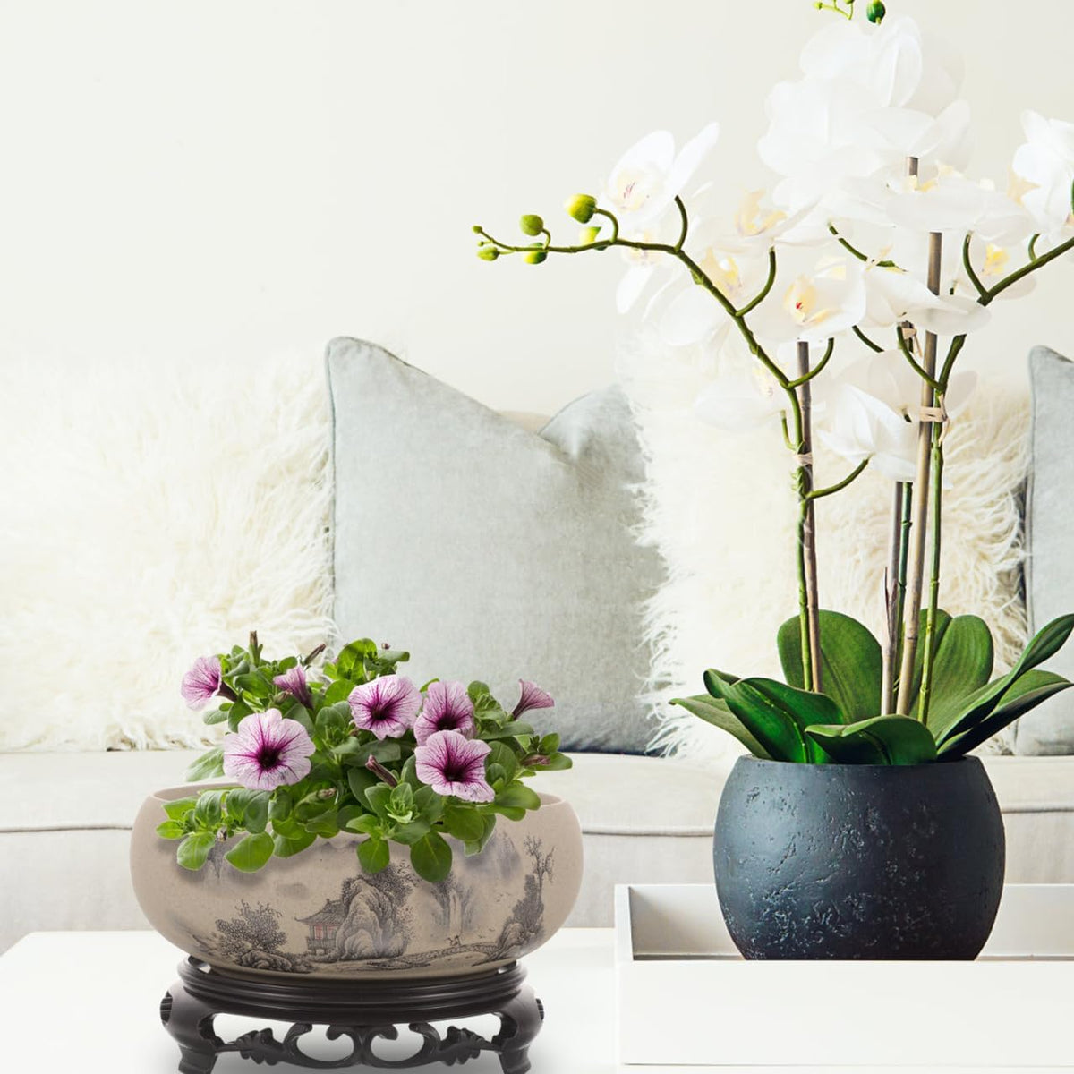 Blue and White Porcelain Lotus Flower Pot Ceramic Planter with Plastic Holder Stand Decorative Hydroponic Container for Home Garden Bonsai Succulent Plants 6.69X6.69X2.67In