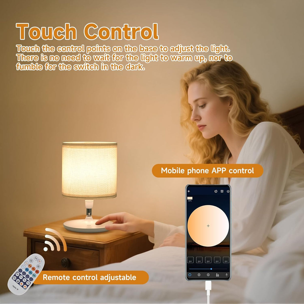 Dimmable Bedside Table Lamps, Set of 2 – USB-C Charging, Touch & Remote Control