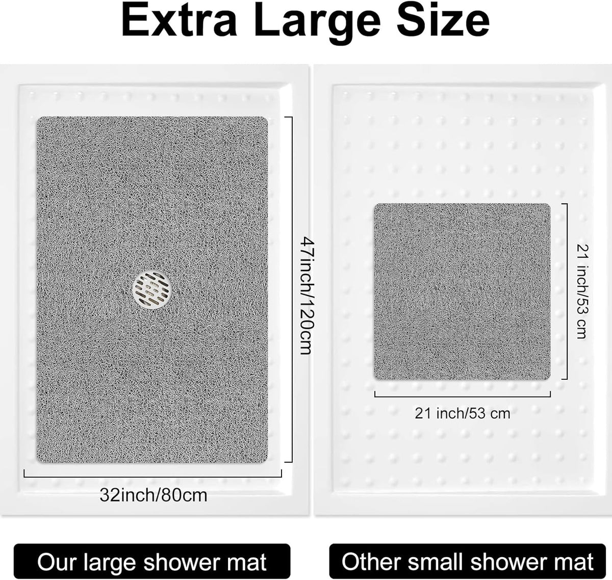 Shower Mat Non Slip, 47" X 32" Extra Large Soft Loofah Shower Mats for inside Shower with Center Drain Hole, anti Slip Shower Floor Mat for Elderly, Quick Drying, Grey