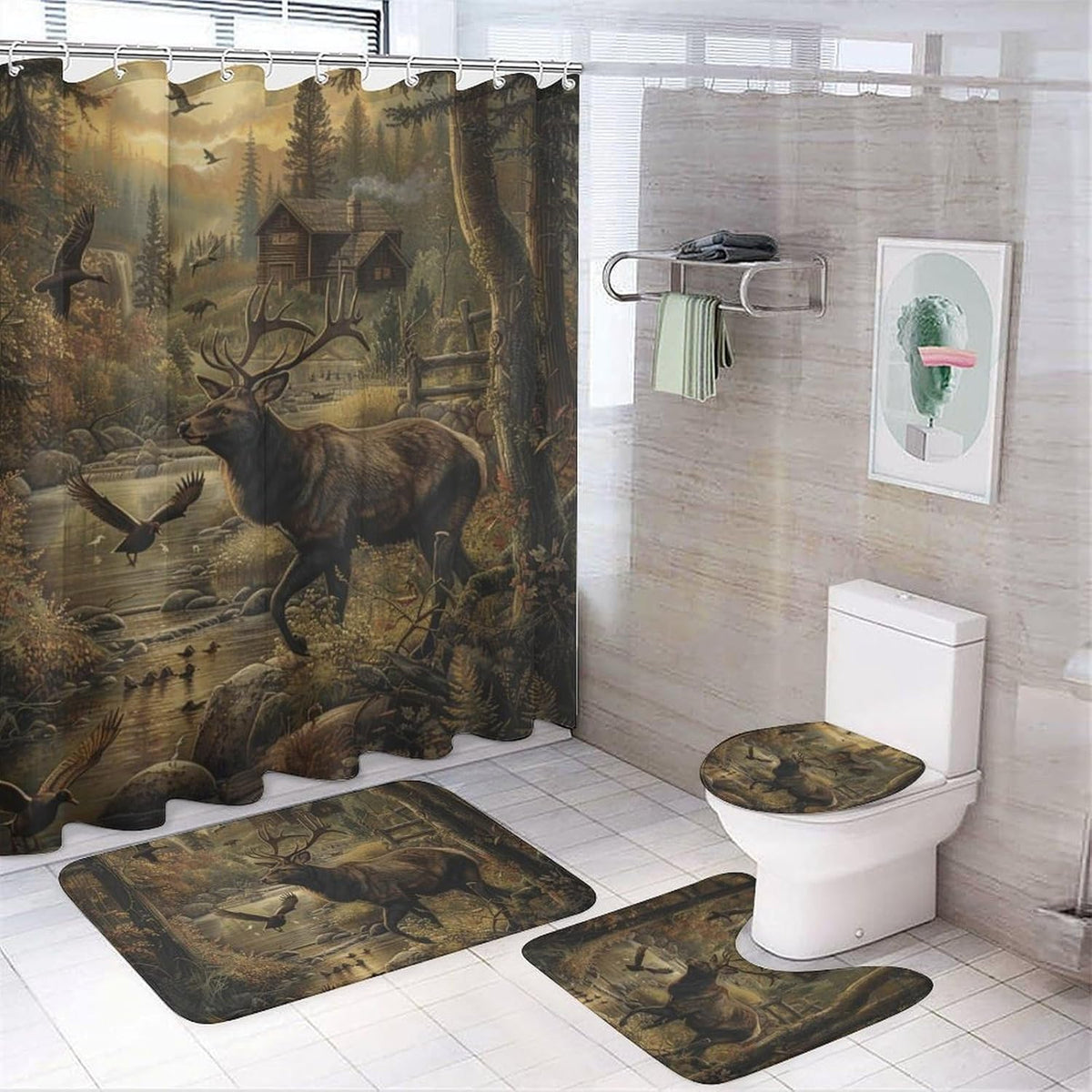 4 Piece Watercolor Dragon Shower Curtain Set with Rugs, Majestic Animal Mountain Moon Include Bathroom Non-Slip Floor Mat, U-Shaped Bath Rug and Toilet Cover Lid with 12 Hooks