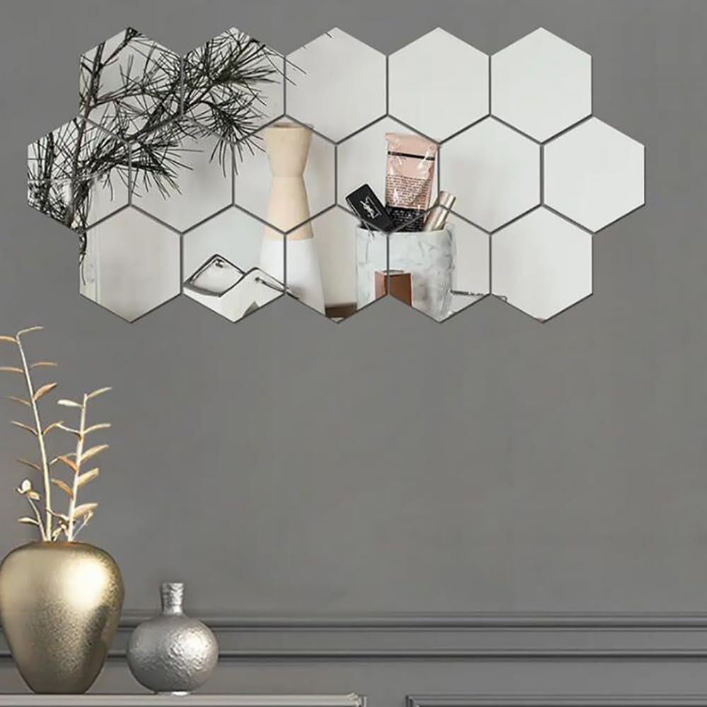 24Pcs Silver Hexagon Mirror Acrylic Wall Stickers with Adhesive Art Decal Satin Paper Baby Kids Bedroom Home DIY Decor Removable Stickers (Hexagon Silver)