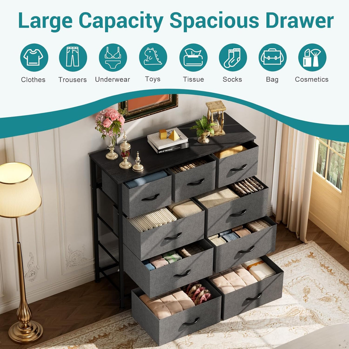 9 Drawers Storage Organizers Units, Closet Organizers and Storage for Clothes, Fabric Storage Drawer for Living Room, Chest of Dresser in 39.4" D X 11.8" W X 39.9" H, Grey