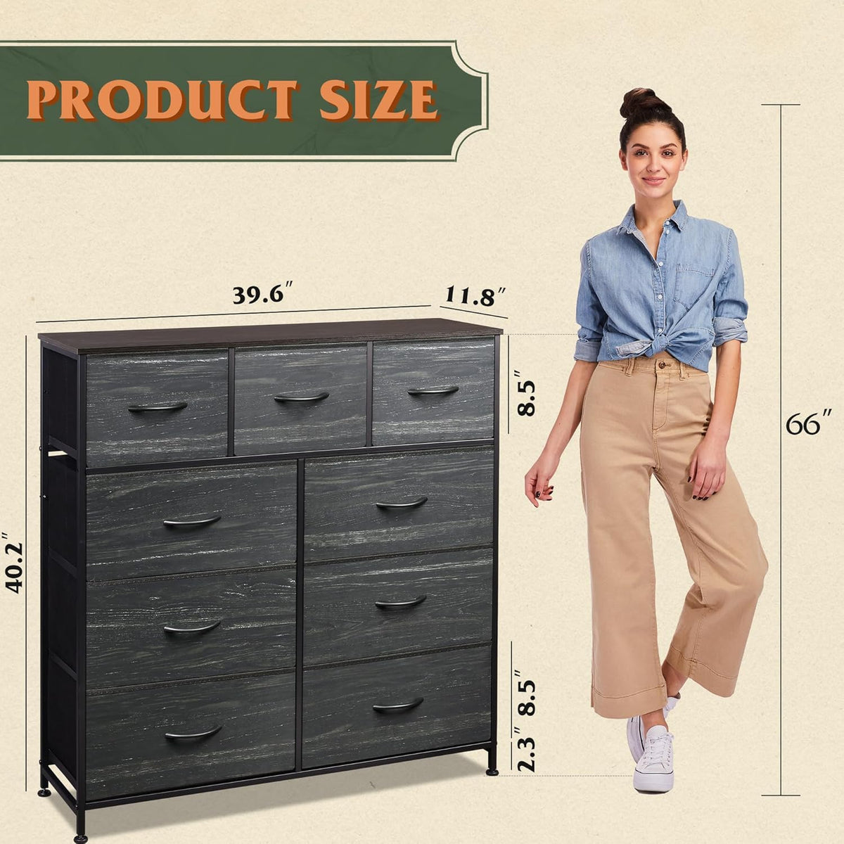 3 Drawer and 9 Drawer Dresser Set, Dresser for Bedroom, Closet, Hallway, Storage Organizer Unit, Dressers & Chests of Drawers with Fabric Bins, Charcoal Black Wood Grain Print
