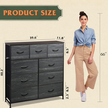 3 Drawer and 9 Drawer Dresser Set, Dresser for Bedroom, Closet, Hallway, Storage Organizer Unit, Dressers & Chests of Drawers with Fabric Bins, Charcoal Black Wood Grain Print
