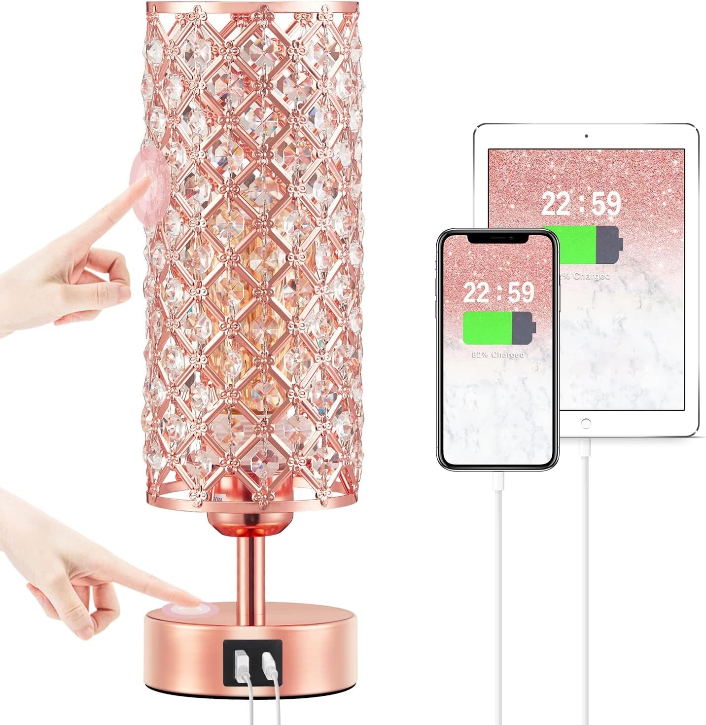 Crystal Table Lamp - 3-Way Dimmable Touch Control,  with USB Charging & AC Outlets