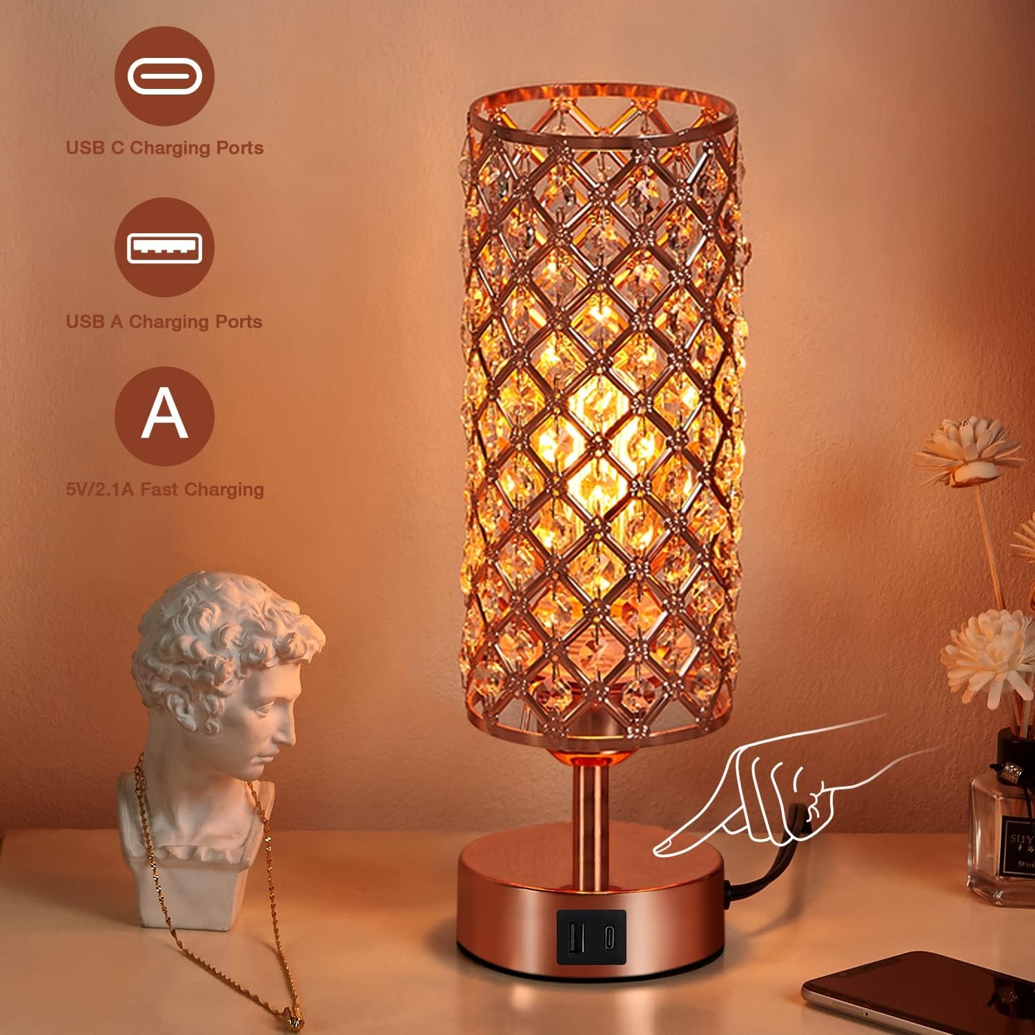 Crystal Table Lamp - 3-Way Dimmable Touch Control,  with USB Charging & AC Outlets