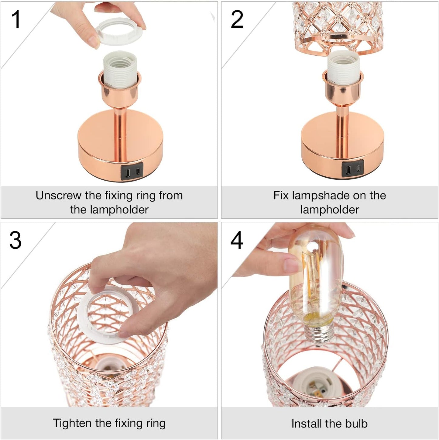 Crystal Table Lamp - 3-Way Dimmable Touch Control,  with USB Charging & AC Outlets