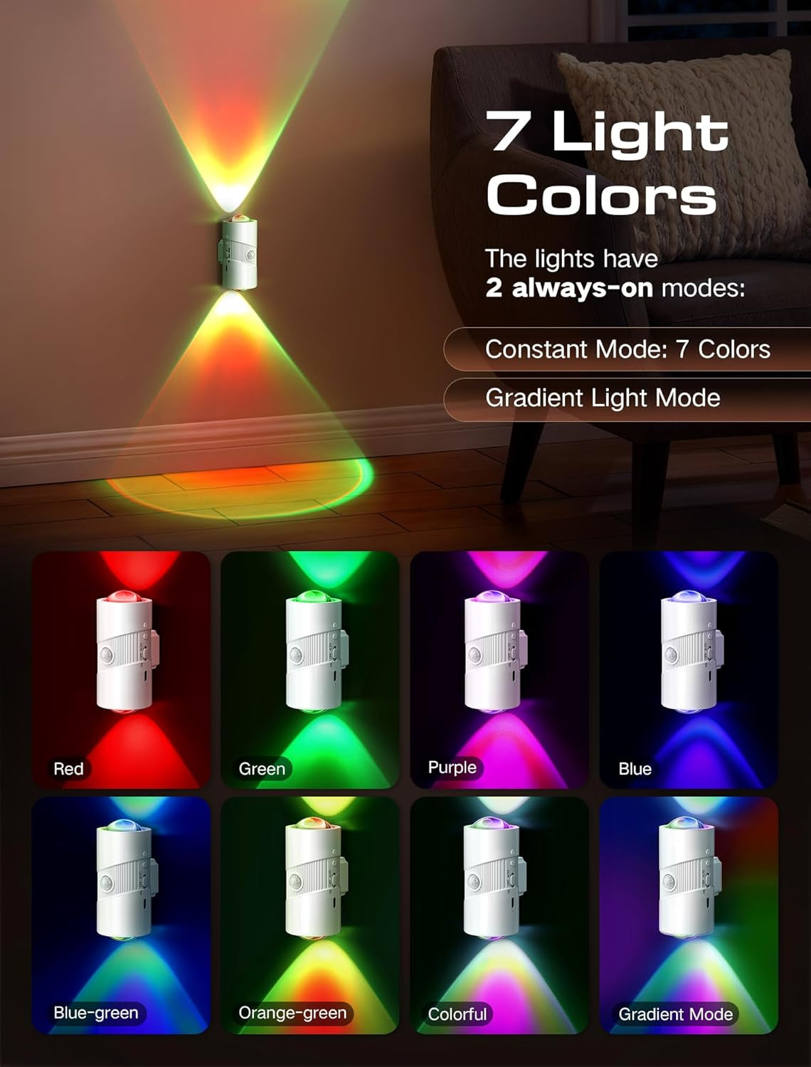 Rechargeable Motion Sensor Night Light - Color Changing LED Wall with Magnetic Adhesive - Set of 2
