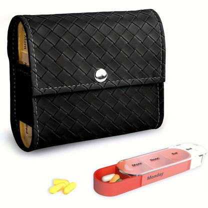 Weekly Pill Organizer Box Case Travel Medication Reminder Daily AM PM, Day Night 7 Compartments in Leather Carrying Case
