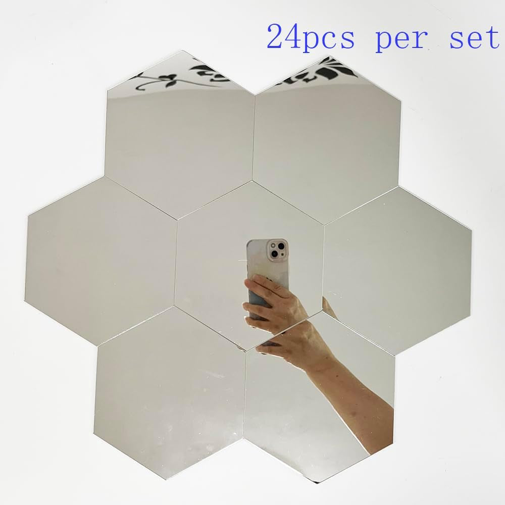24Pcs Silver Hexagon Mirror Acrylic Wall Stickers with Adhesive Art Decal Satin Paper Baby Kids Bedroom Home DIY Decor Removable Stickers (Hexagon Silver)