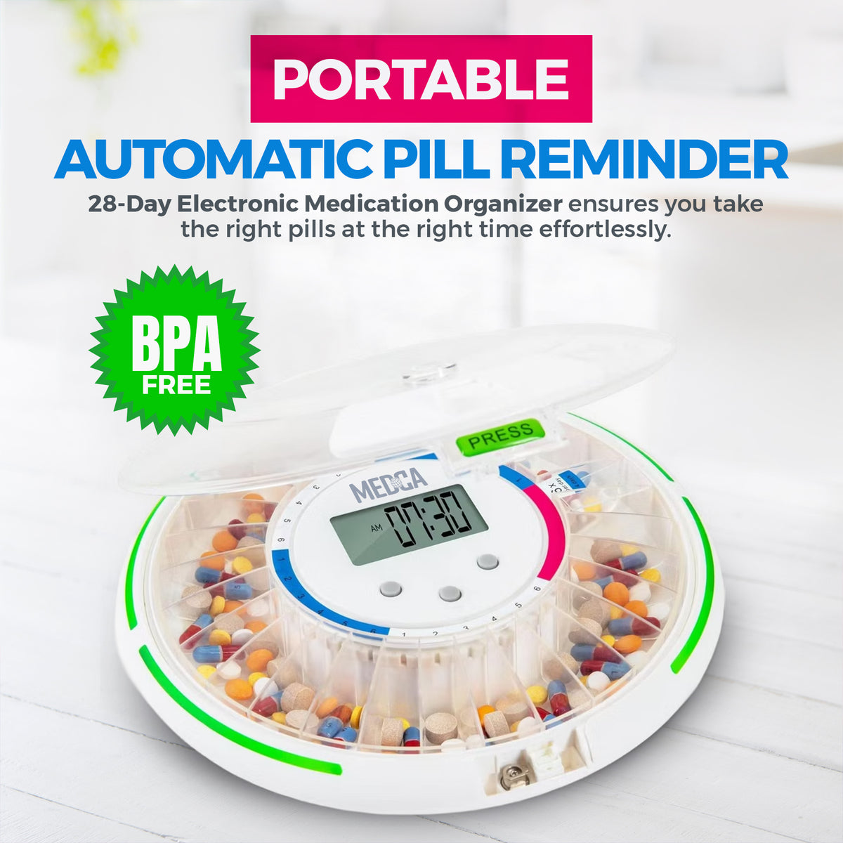 Automatic Pill Dispenser, LCD Display, Light & Sound Alarm, Plastic
