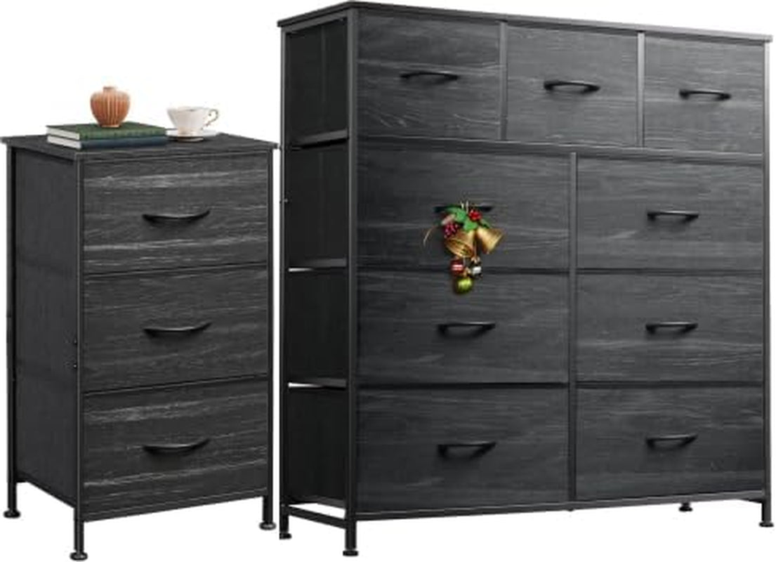 3 Drawer and 9 Drawer Dresser Set, Dresser for Bedroom, Closet, Hallway, Storage Organizer Unit, Dressers & Chests of Drawers with Fabric Bins, Charcoal Black Wood Grain Print