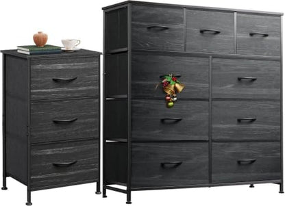 3 Drawer and 9 Drawer Dresser Set, Dresser for Bedroom, Closet, Hallway, Storage Organizer Unit, Dressers & Chests of Drawers with Fabric Bins, Charcoal Black Wood Grain Print