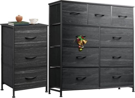 3 Drawer and 9 Drawer Dresser Set, Dresser for Bedroom, Closet, Hallway, Storage Organizer Unit, Dressers & Chests of Drawers with Fabric Bins, Charcoal Black Wood Grain Print