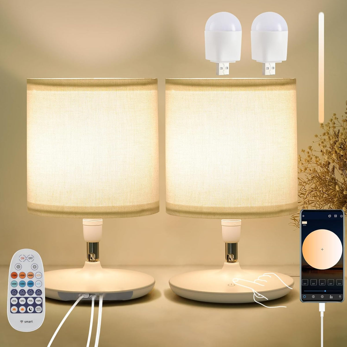 Dimmable Bedside Table Lamps, Set of 2 – USB-C Charging, Touch & Remote Control