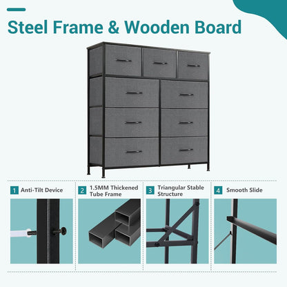 9 Drawers Storage Organizers Units, Closet Organizers and Storage for Clothes, Fabric Storage Drawer for Living Room, Chest of Dresser in 39.4" D X 11.8" W X 39.9" H, Grey