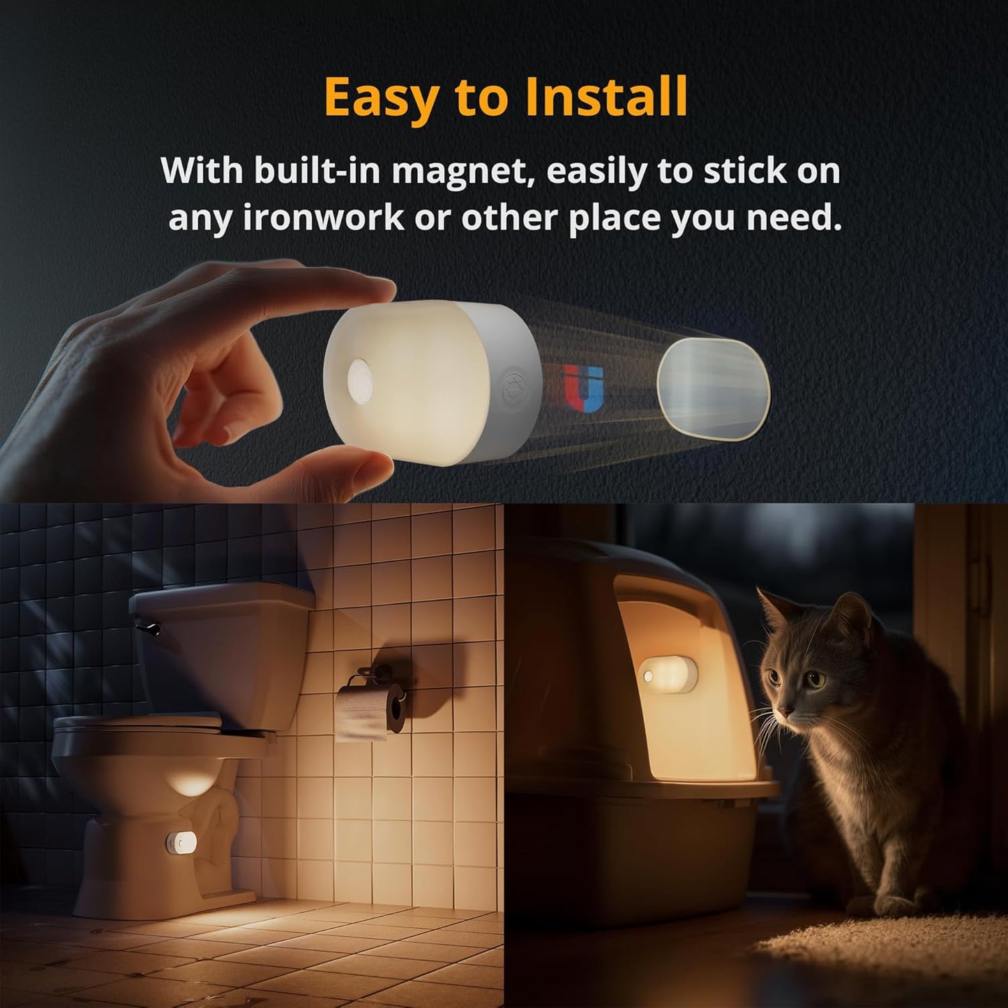 Rechargeable Motion Sensor Night Light (2-Pack), Portable Mini Warm White LED Stick-On Closet Light, Adjustable Brightness for Bathroom, Bedroom, Kitchen, Cabinet, Stairs