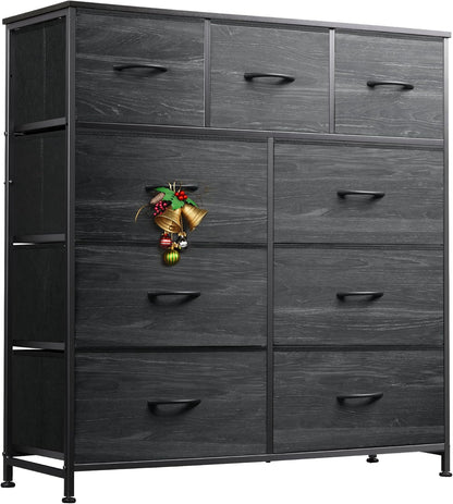 3 Drawer and 9 Drawer Dresser Set, Dresser for Bedroom, Closet, Hallway, Storage Organizer Unit, Dressers & Chests of Drawers with Fabric Bins, Charcoal Black Wood Grain Print