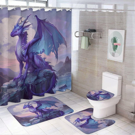 4 Piece Watercolor Dragon Shower Curtain Set with Rugs, Majestic Animal Mountain Moon Include Bathroom Non-Slip Floor Mat, U-Shaped Bath Rug and Toilet Cover Lid with 12 Hooks