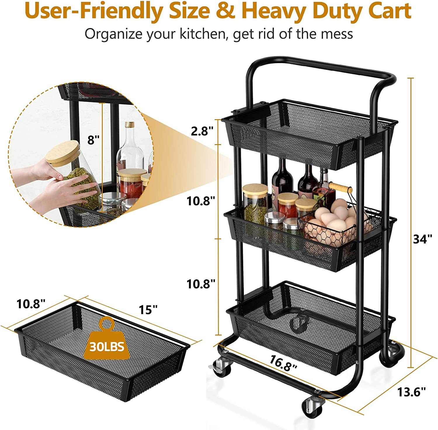 3-Tier Rolling Heavy Duty Utility Storage Cart on Wheels