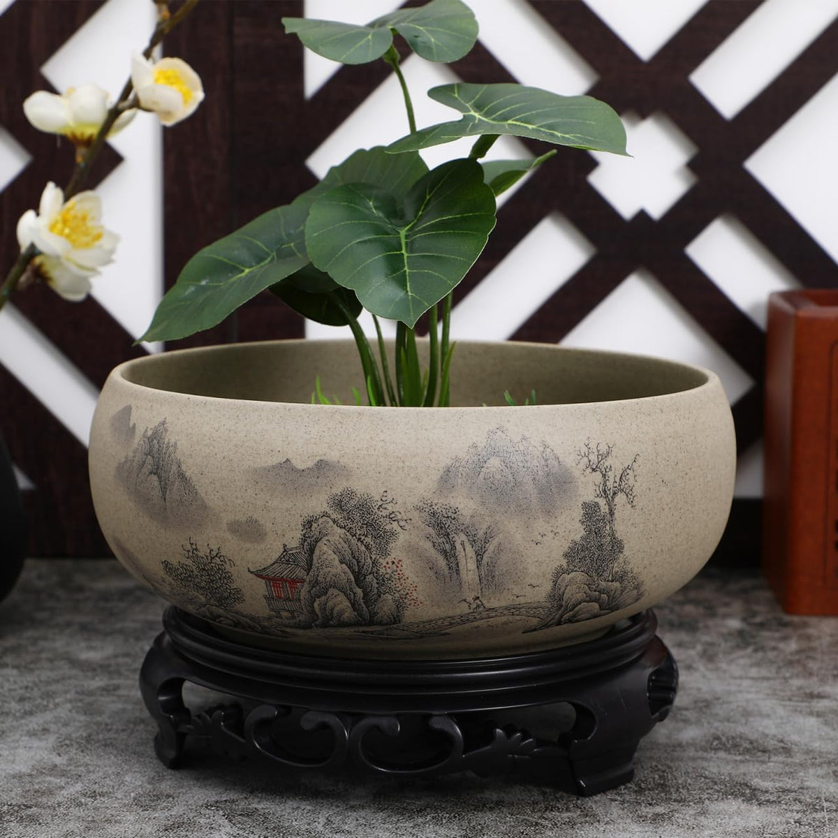 Blue and White Porcelain Lotus Flower Pot Ceramic Planter with Plastic Holder Stand Decorative Hydroponic Container for Home Garden Bonsai Succulent Plants 6.69X6.69X2.67In