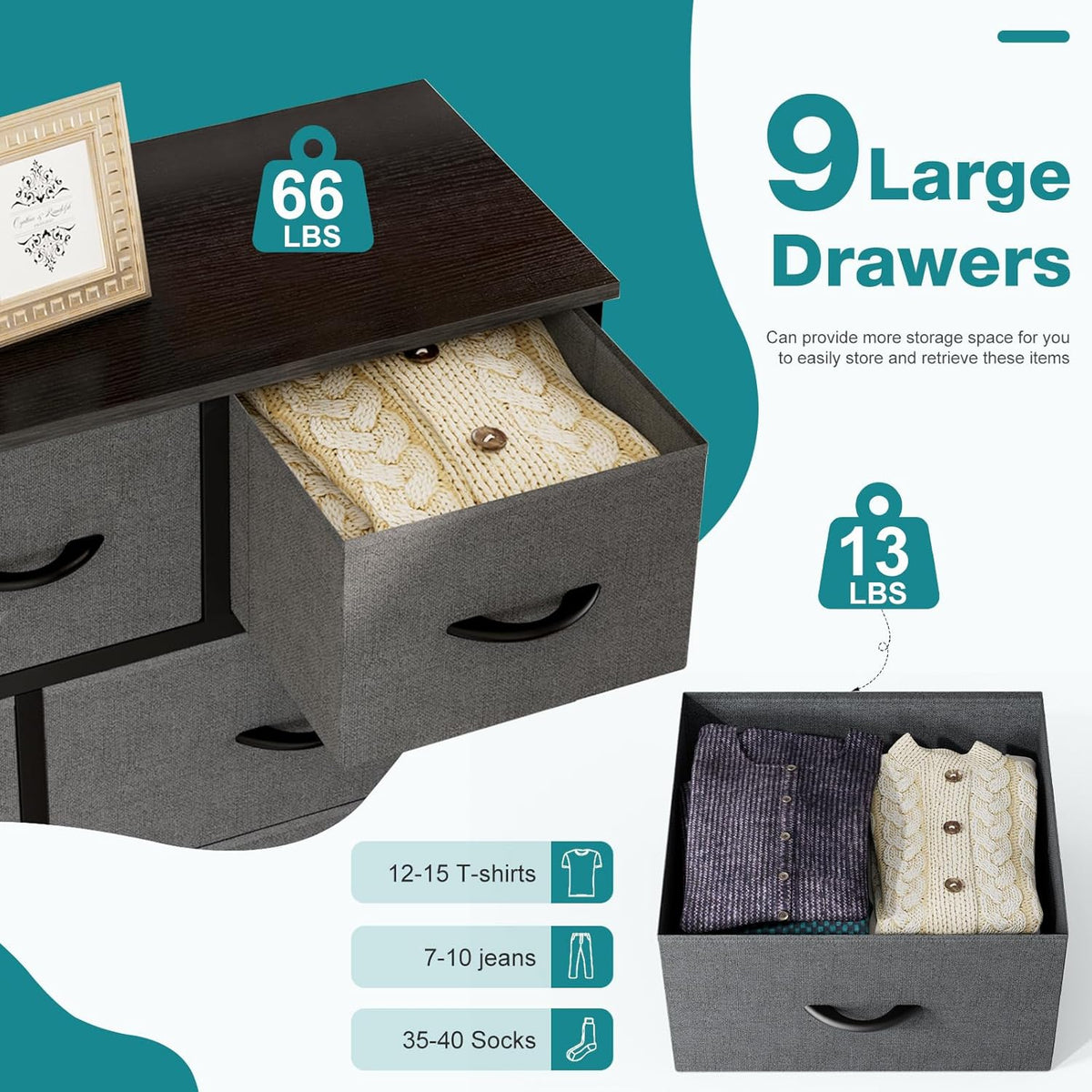 9 Drawers Storage Organizers Units, Closet Organizers and Storage for Clothes, Fabric Storage Drawer for Living Room, Chest of Dresser in 39.4" D X 11.8" W X 39.9" H, Grey