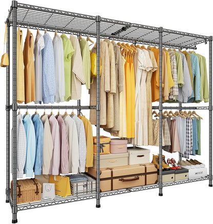 E14 Pro Heavy Duty Clothes Rack，Freestanding Clothing Racks for Hanging Clothes，Adjustable Closet Organizers and Storage，Metal Garment Rack with Shelves 69"W X16"D X77"H，Max Load 960Lbs，Black