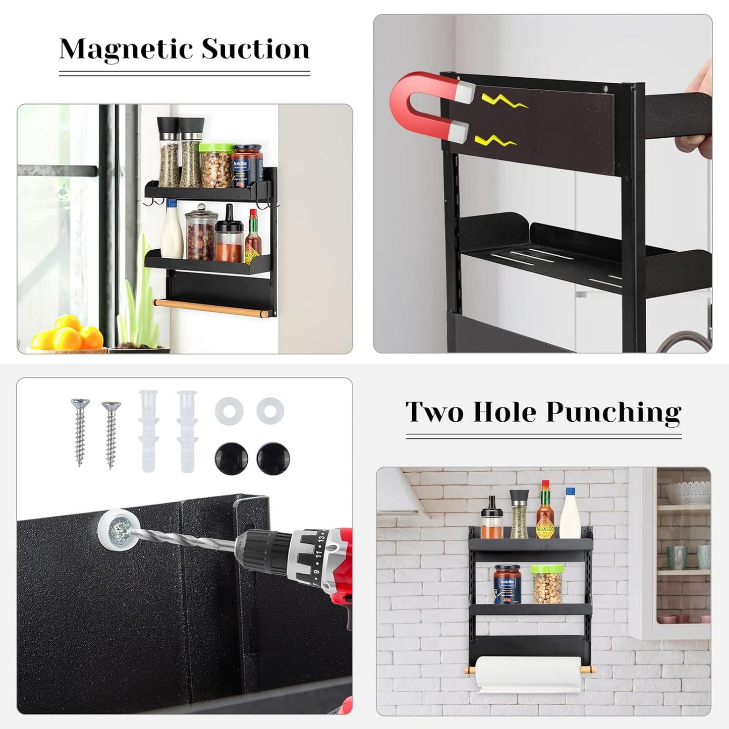 2 Tier Magnetic Spice Organizer with Paper Towel Holder for Kitchen Storage