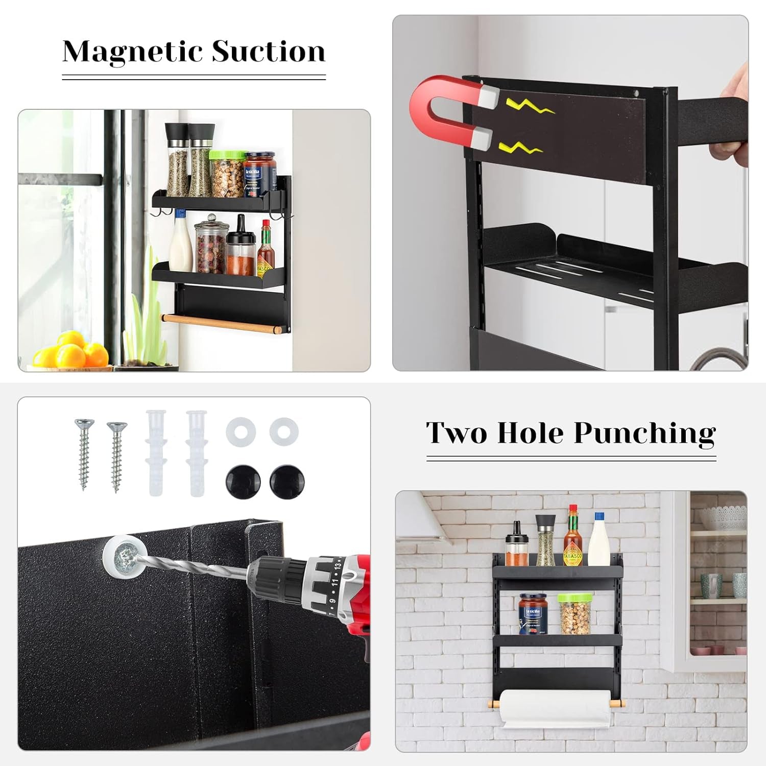 2 Tier Magnetic Spice Organizer with Paper Towel Holder for Kitchen Storage